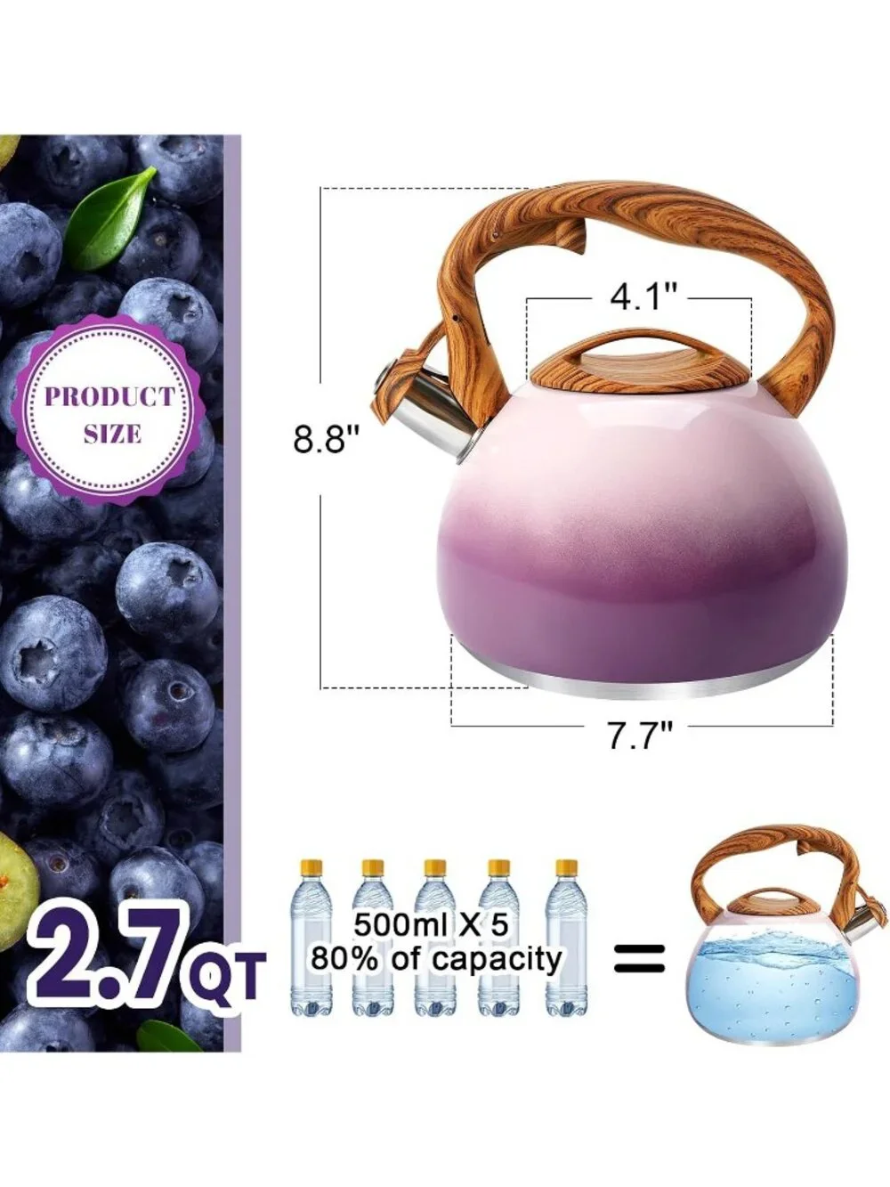 Kitchen Berry Purple Boiling Water Coffee or Milk Wood Pattern Handle Tea Kettle